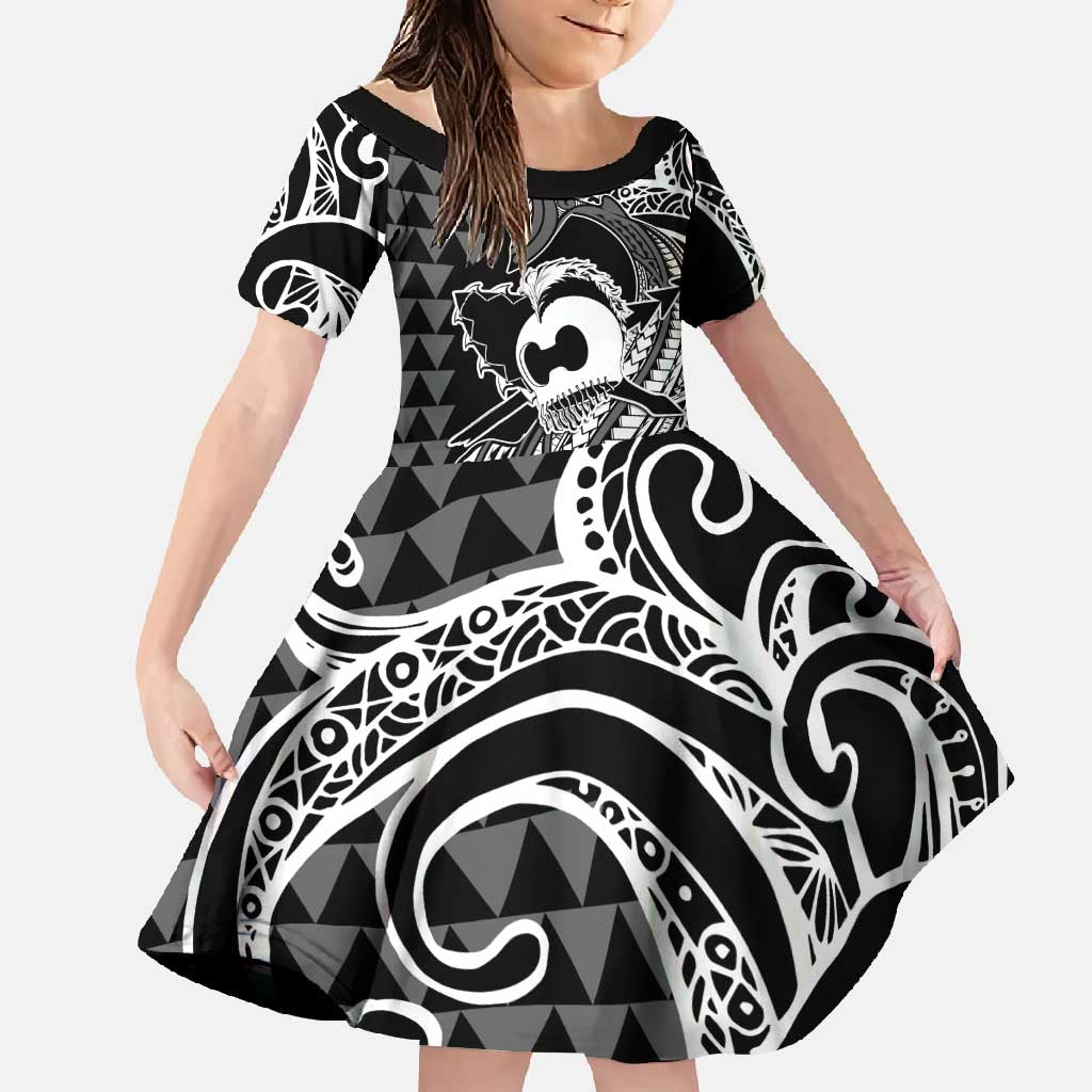 Koa Ikaika Warrior Helmet with Shark Family Matching Off Shoulder Maxi Dress and Hawaiian Shirt Black Kakau Style LT9 Daughter's Dress Black - Polynesian Pride