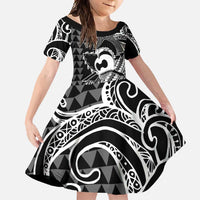 Koa Ikaika Warrior Helmet with Shark Family Matching Off Shoulder Maxi Dress and Hawaiian Shirt Black Kakau Style LT9 Daughter's Dress Black - Polynesian Pride
