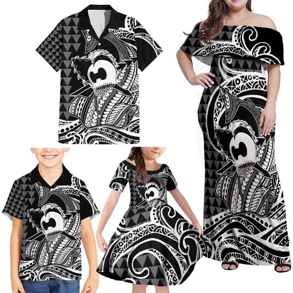 Koa Ikaika Warrior Helmet with Shark Family Matching Off Shoulder Maxi Dress and Hawaiian Shirt Black Kakau Style LT9 - Polynesian Pride