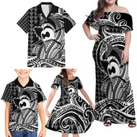 Koa Ikaika Warrior Helmet with Shark Family Matching Off Shoulder Maxi Dress and Hawaiian Shirt Black Kakau Style LT9 - Polynesian Pride