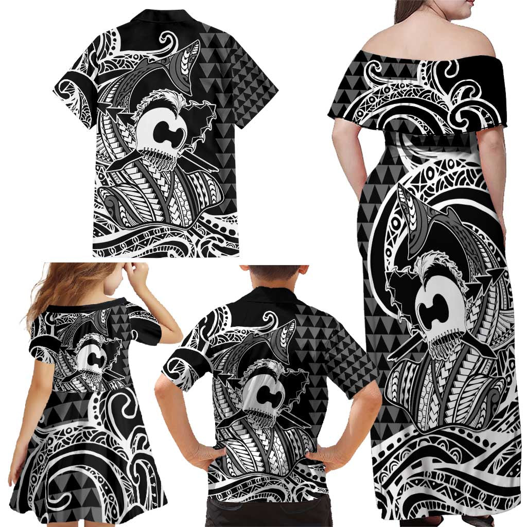 Koa Ikaika Warrior Helmet with Shark Family Matching Off Shoulder Maxi Dress and Hawaiian Shirt Black Kakau Style LT9 - Polynesian Pride