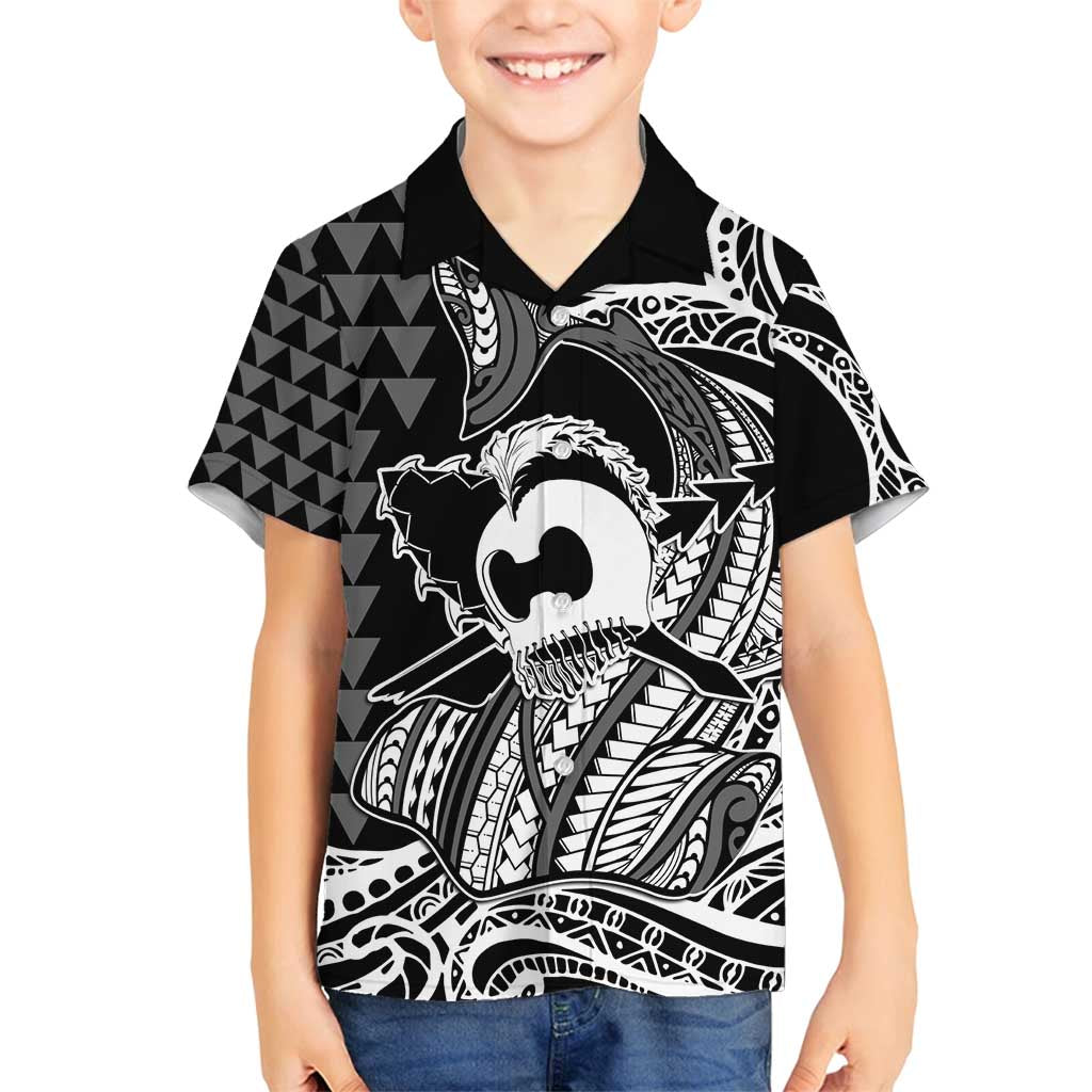 Koa Ikaika Warrior Helmet with Shark Family Matching Off Shoulder Maxi Dress and Hawaiian Shirt Black Kakau Style LT9 Son's Shirt Black - Polynesian Pride
