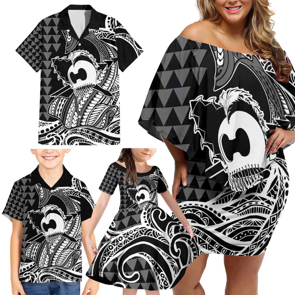 Koa Ikaika Warrior Helmet with Shark Family Matching Off Shoulder Short Dress and Hawaiian Shirt Black Kakau Style LT9 - Polynesian Pride