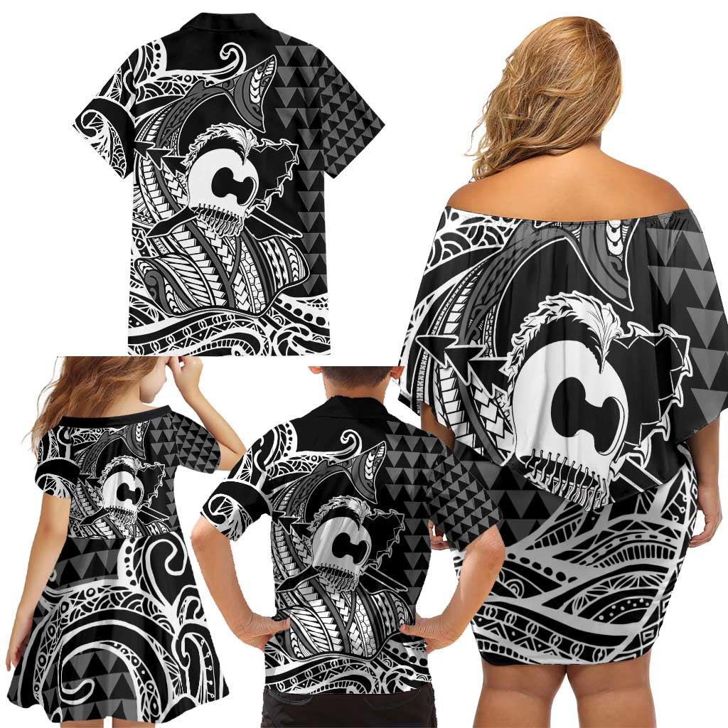 Koa Ikaika Warrior Helmet with Shark Family Matching Off Shoulder Short Dress and Hawaiian Shirt Black Kakau Style LT9 - Polynesian Pride