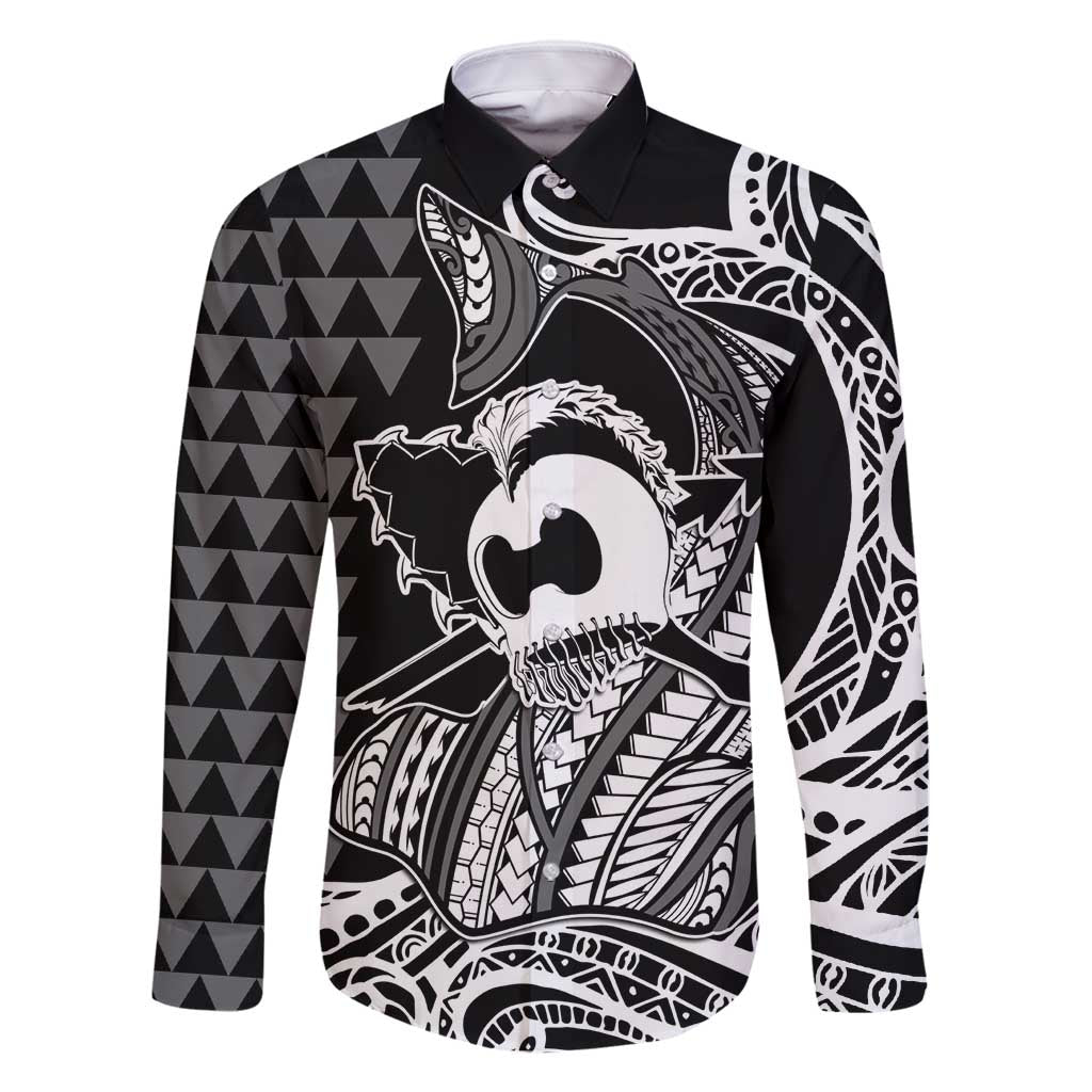 Koa Ikaika Warrior Helmet with Shark Family Matching Off Shoulder Short Dress and Hawaiian Shirt Black Kakau Style LT9 Dad's Shirt - Long Sleeve Black - Polynesian Pride