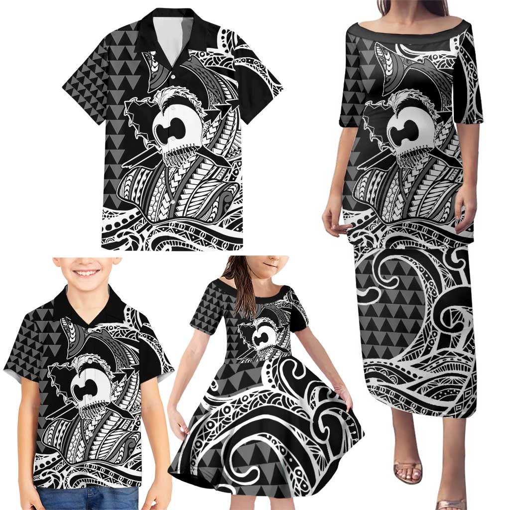 Koa Ikaika Warrior Helmet with Shark Family Matching Puletasi and Hawaiian Shirt Black Kakau Style LT9 - Polynesian Pride