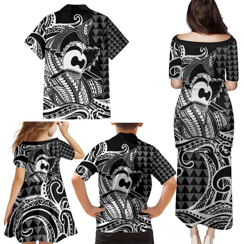Koa Ikaika Warrior Helmet with Shark Family Matching Puletasi and Hawaiian Shirt Black Kakau Style LT9 - Polynesian Pride