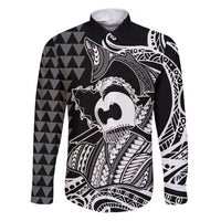 Koa Ikaika Warrior Helmet with Shark Family Matching Puletasi and Hawaiian Shirt Black Kakau Style LT9 Dad's Shirt - Long Sleeve Black - Polynesian Pride