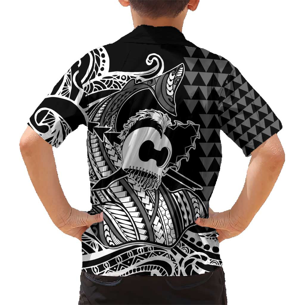 Koa Ikaika Warrior Helmet with Shark Family Matching Short Sleeve Bodycon Dress and Hawaiian Shirt Black Kakau Style LT9 - Polynesian Pride