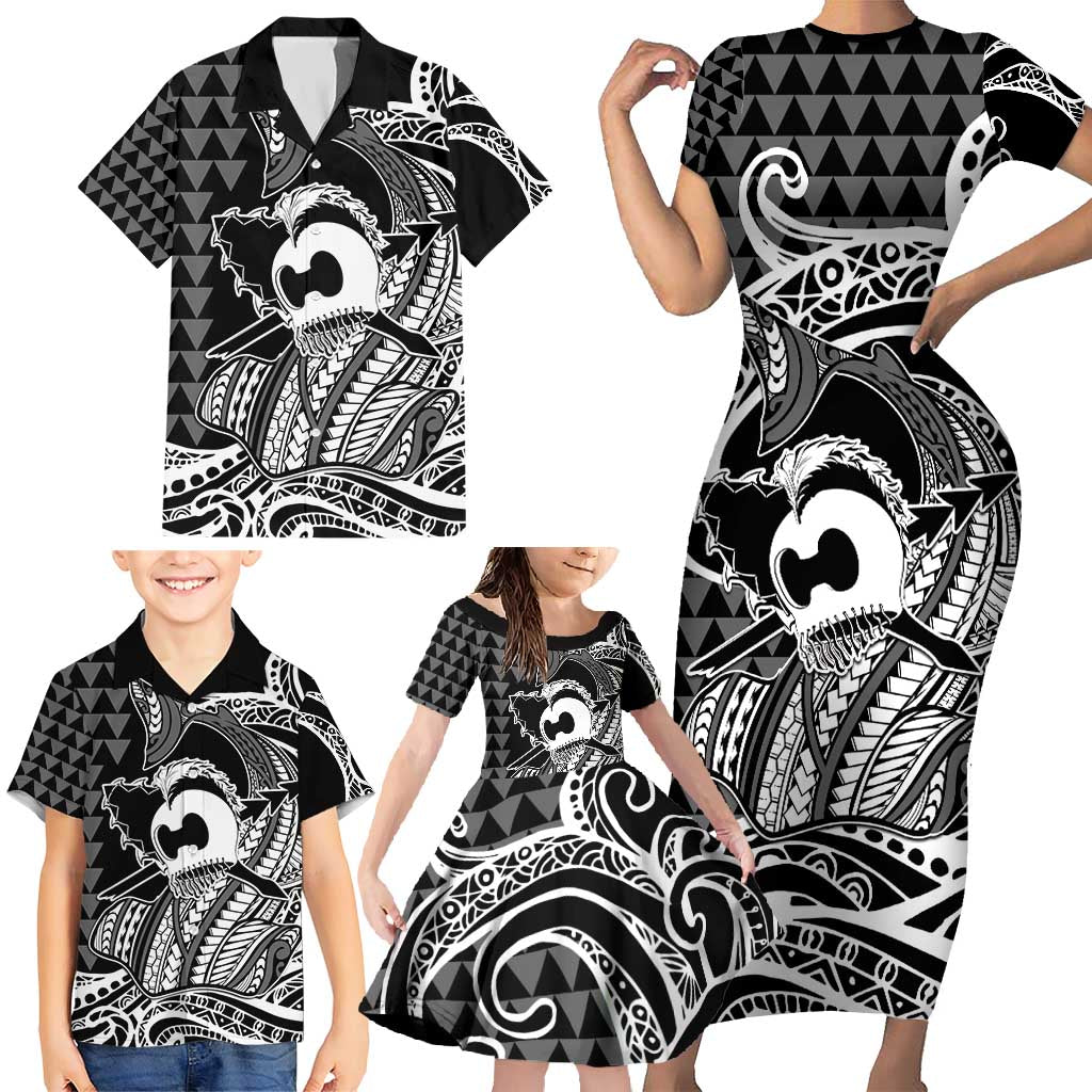 Koa Ikaika Warrior Helmet with Shark Family Matching Short Sleeve Bodycon Dress and Hawaiian Shirt Black Kakau Style LT9 - Polynesian Pride