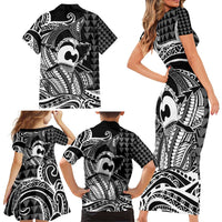 Koa Ikaika Warrior Helmet with Shark Family Matching Short Sleeve Bodycon Dress and Hawaiian Shirt Black Kakau Style LT9 - Polynesian Pride