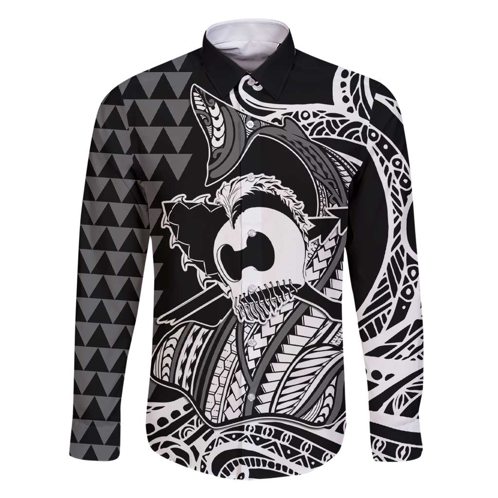 Koa Ikaika Warrior Helmet with Shark Family Matching Short Sleeve Bodycon Dress and Hawaiian Shirt Black Kakau Style LT9 Dad's Shirt - Long Sleeve Black - Polynesian Pride
