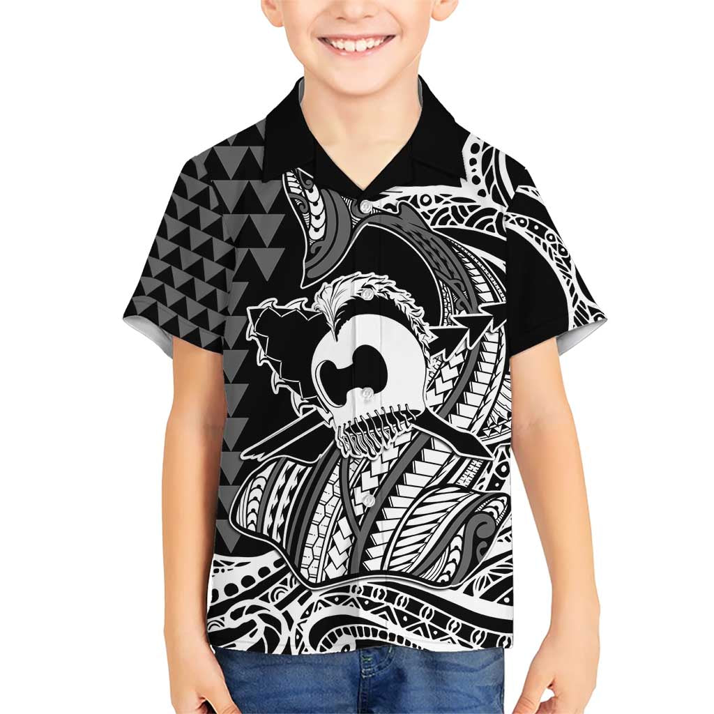 Koa Ikaika Warrior Helmet with Shark Family Matching Short Sleeve Bodycon Dress and Hawaiian Shirt Black Kakau Style LT9 Son's Shirt Black - Polynesian Pride