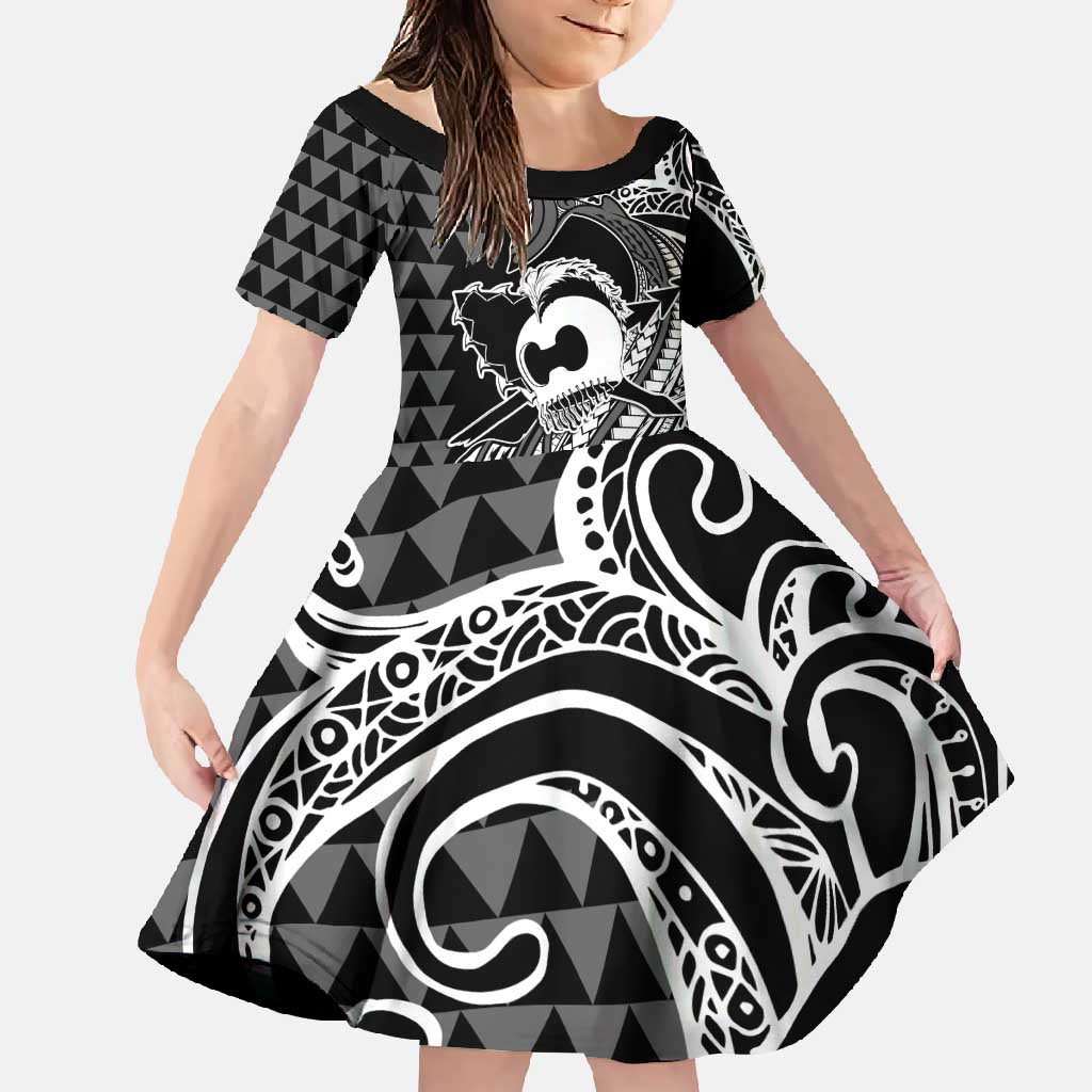 Koa Ikaika Warrior Helmet with Shark Family Matching Summer Maxi Dress and Hawaiian Shirt Black Kakau Style LT9 Daughter's Dress Black - Polynesian Pride