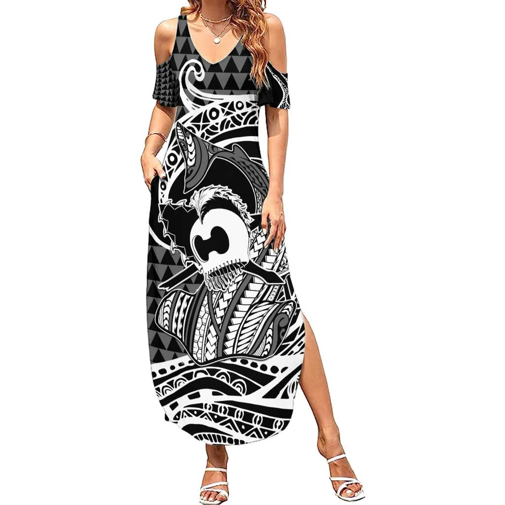 Koa Ikaika Warrior Helmet with Shark Family Matching Summer Maxi Dress and Hawaiian Shirt Black Kakau Style LT9 Mom's Dress Black - Polynesian Pride