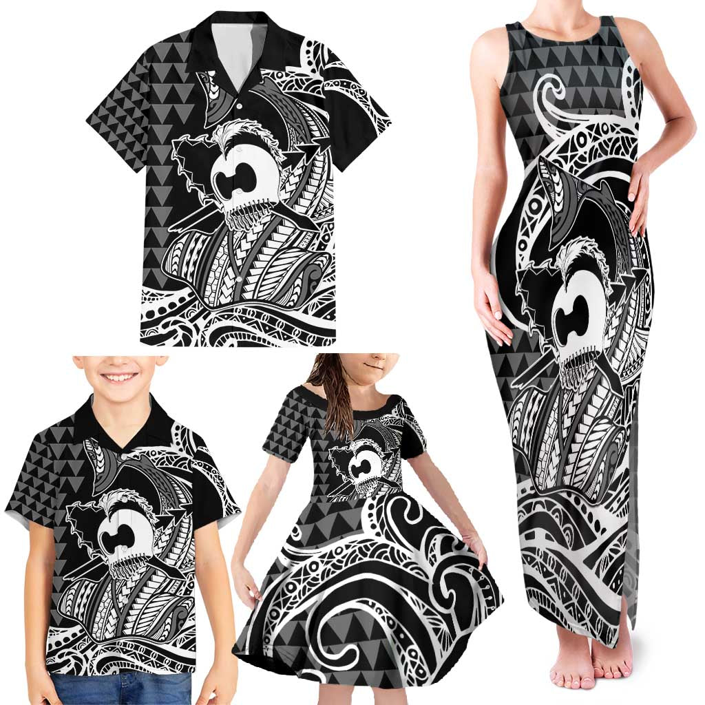 Koa Ikaika Warrior Helmet with Shark Family Matching Tank Maxi Dress and Hawaiian Shirt Black Kakau Style LT9 - Polynesian Pride
