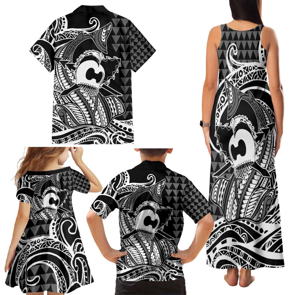 Koa Ikaika Warrior Helmet with Shark Family Matching Tank Maxi Dress and Hawaiian Shirt Black Kakau Style LT9 - Polynesian Pride