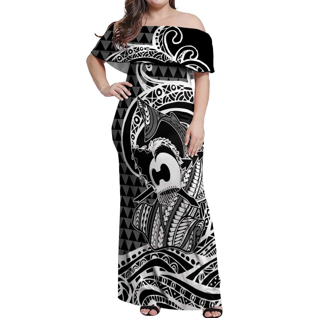 Koa Ikaika Warrior Helmet with Shark Off Shoulder Maxi Dress Black Kakau Style LT9 Women Black - Polynesian Pride