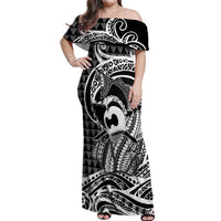Koa Ikaika Warrior Helmet with Shark Off Shoulder Maxi Dress Black Kakau Style LT9 Women Black - Polynesian Pride