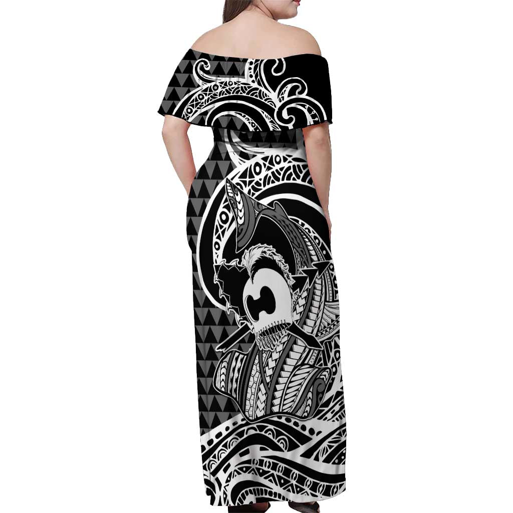 Koa Ikaika Warrior Helmet with Shark Off Shoulder Maxi Dress Black Kakau Style LT9 - Polynesian Pride