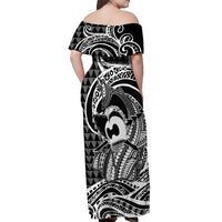 Koa Ikaika Warrior Helmet with Shark Off Shoulder Maxi Dress Black Kakau Style LT9 - Polynesian Pride