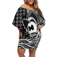 Koa Ikaika Warrior Helmet with Shark Off Shoulder Short Dress Black Kakau Style LT9 Women Black - Polynesian Pride