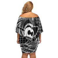 Koa Ikaika Warrior Helmet with Shark Off Shoulder Short Dress Black Kakau Style LT9 - Polynesian Pride