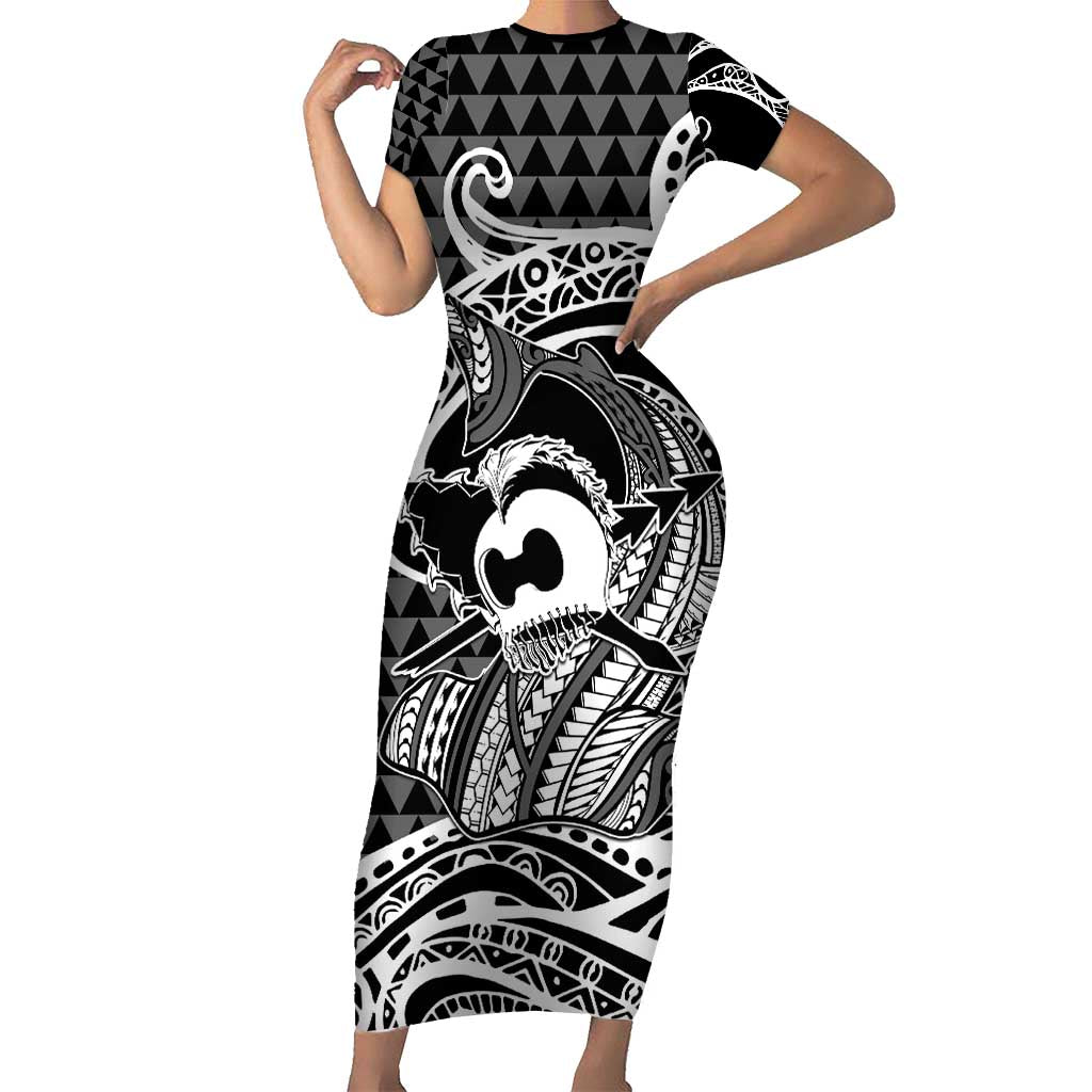 Koa Ikaika Warrior Helmet with Shark Short Sleeve Bodycon Dress Black Kakau Style LT9 Long Dress Black - Polynesian Pride