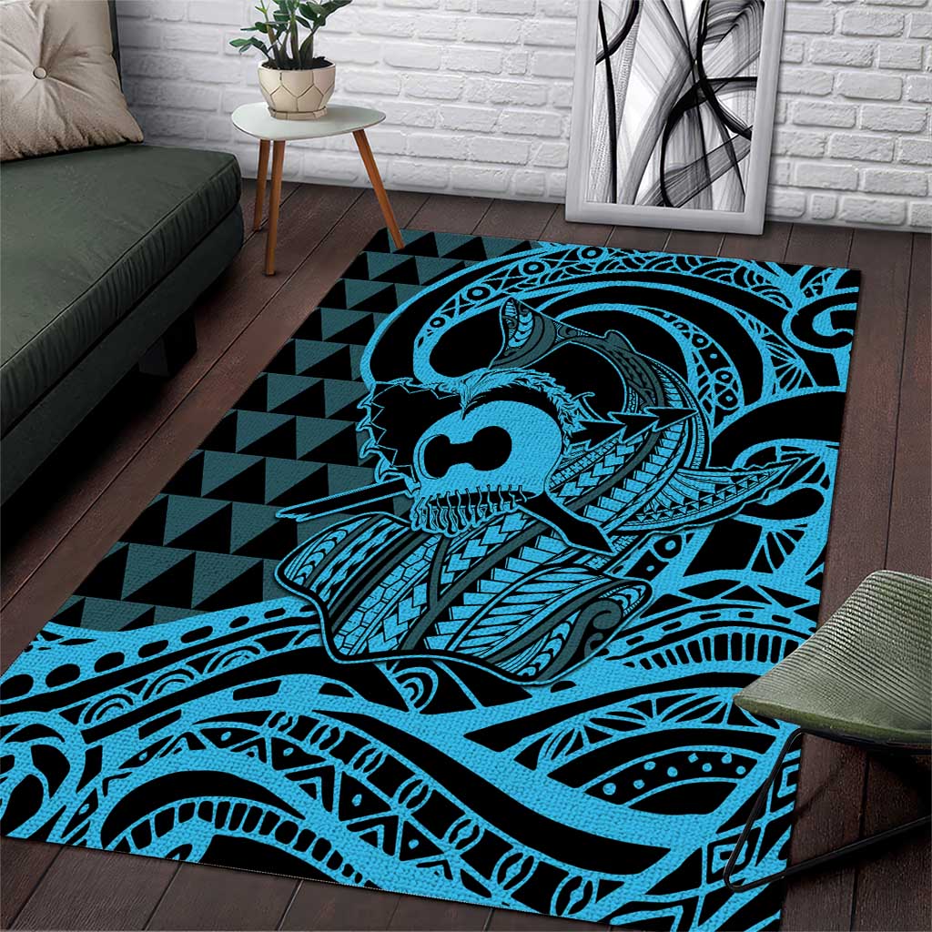 Koa Ikaika Warrior Helmet with Shark Area Rug Blue Kakau Style LT9 Blue - Polynesian Pride