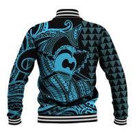 Koa Ikaika Warrior Helmet with Shark Baseball Jacket Blue Kakau Style