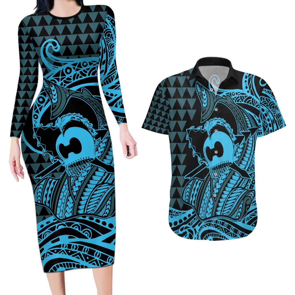 Koa Ikaika Warrior Helmet with Shark Couples Matching Long Sleeve Bodycon Dress and Hawaiian Shirt Blue Kakau Style LT9 Blue - Polynesian Pride