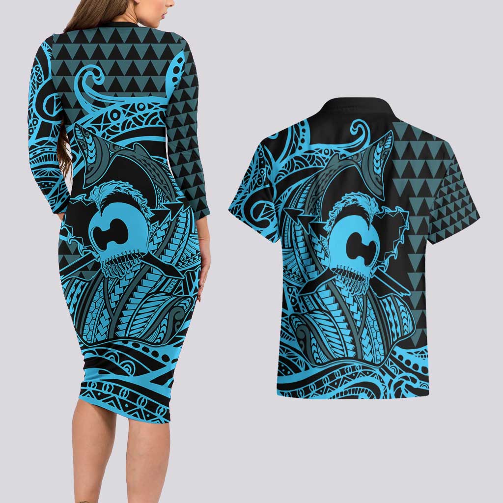 Koa Ikaika Warrior Helmet with Shark Couples Matching Long Sleeve Bodycon Dress and Hawaiian Shirt Blue Kakau Style LT9 - Polynesian Pride