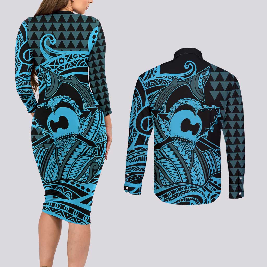 Koa Ikaika Warrior Helmet with Shark Couples Matching Long Sleeve Bodycon Dress and Long Sleeve Button Shirt Blue Kakau Style LT9 - Polynesian Pride