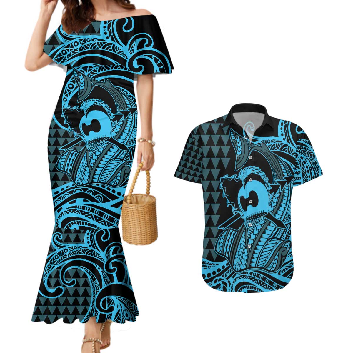 Koa Ikaika Warrior Helmet with Shark Couples Matching Mermaid Dress and Hawaiian Shirt Blue Kakau Style LT9 Blue - Polynesian Pride