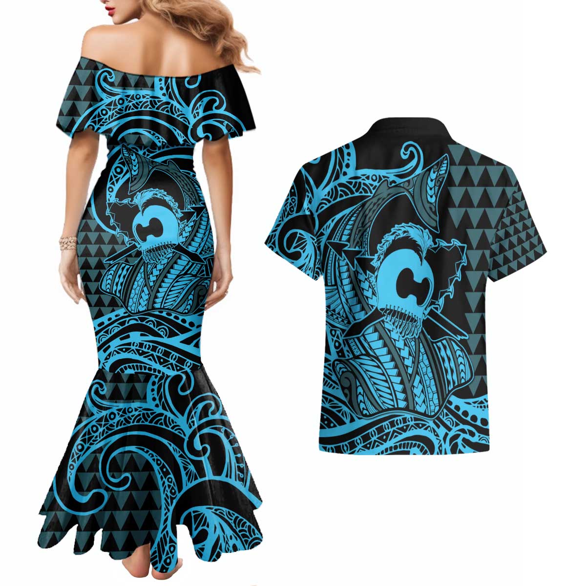 Koa Ikaika Warrior Helmet with Shark Couples Matching Mermaid Dress and Hawaiian Shirt Blue Kakau Style LT9 - Polynesian Pride