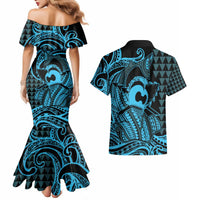 Koa Ikaika Warrior Helmet with Shark Couples Matching Mermaid Dress and Hawaiian Shirt Blue Kakau Style LT9 - Polynesian Pride
