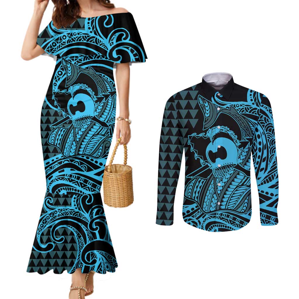 Koa Ikaika Warrior Helmet with Shark Couples Matching Mermaid Dress and Long Sleeve Button Shirt Blue Kakau Style