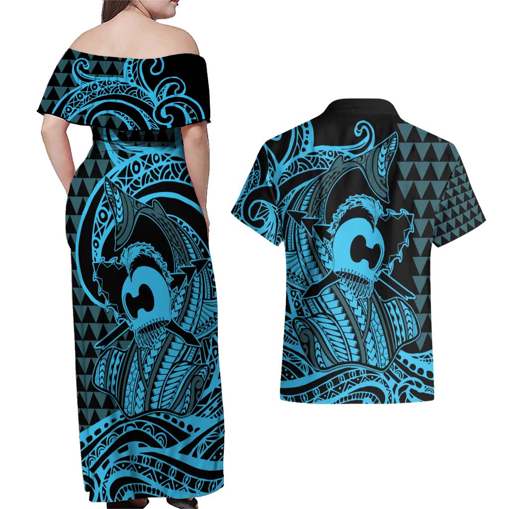 Koa Ikaika Warrior Helmet with Shark Couples Matching Off Shoulder Maxi Dress and Hawaiian Shirt Blue Kakau Style LT9 - Polynesian Pride