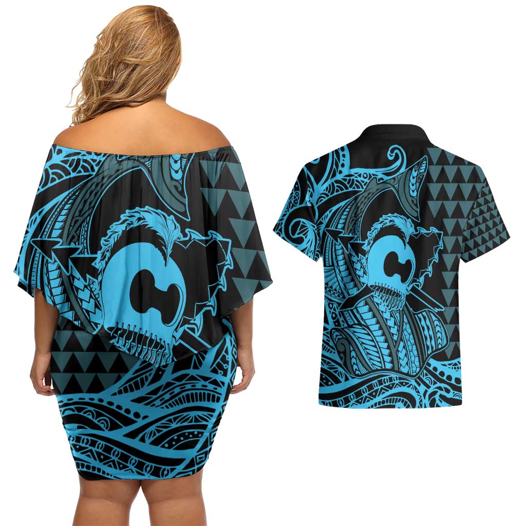 Koa Ikaika Warrior Helmet with Shark Couples Matching Off Shoulder Short Dress and Hawaiian Shirt Blue Kakau Style LT9 - Polynesian Pride