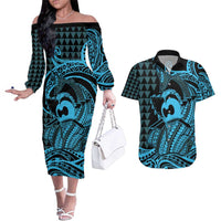 Koa Ikaika Warrior Helmet with Shark Couples Matching Off The Shoulder Long Sleeve Dress and Hawaiian Shirt Blue Kakau Style LT9 Blue - Polynesian Pride