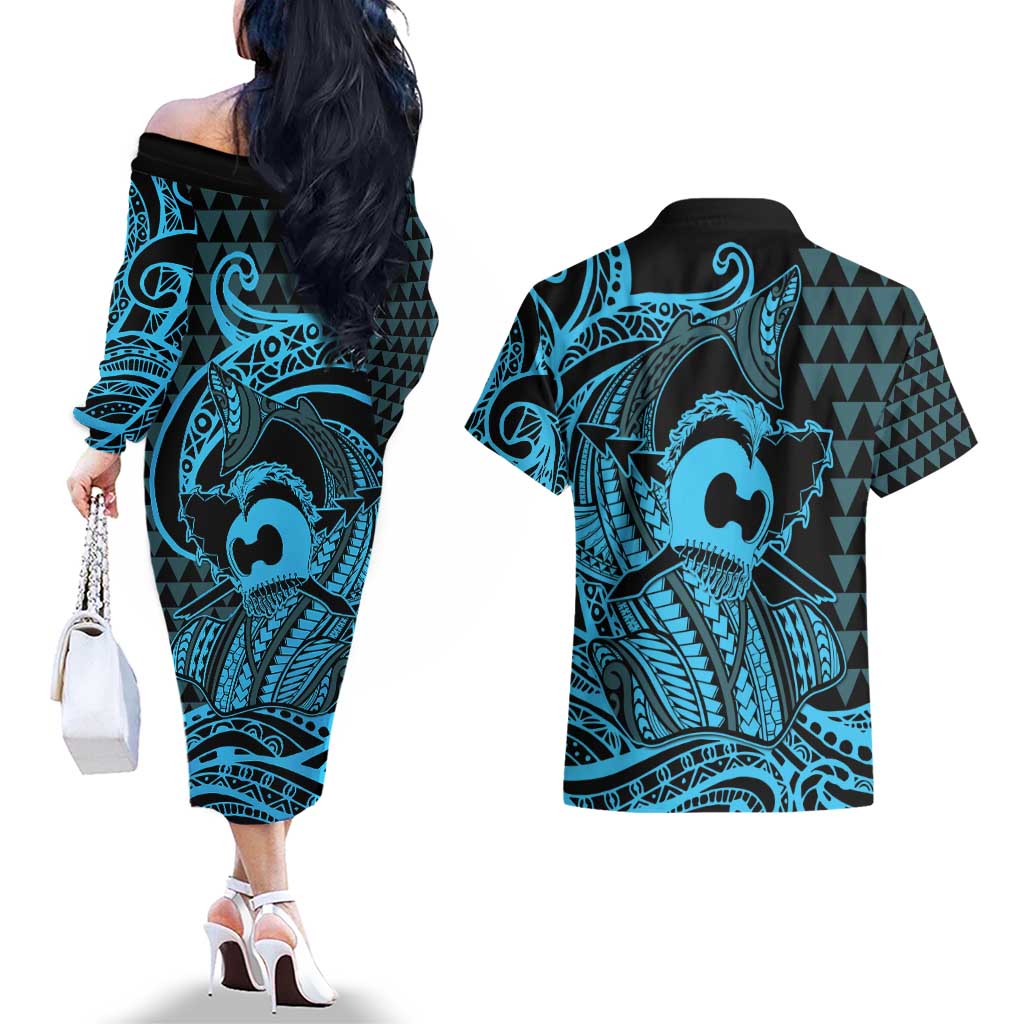 Koa Ikaika Warrior Helmet with Shark Couples Matching Off The Shoulder Long Sleeve Dress and Hawaiian Shirt Blue Kakau Style LT9 - Polynesian Pride