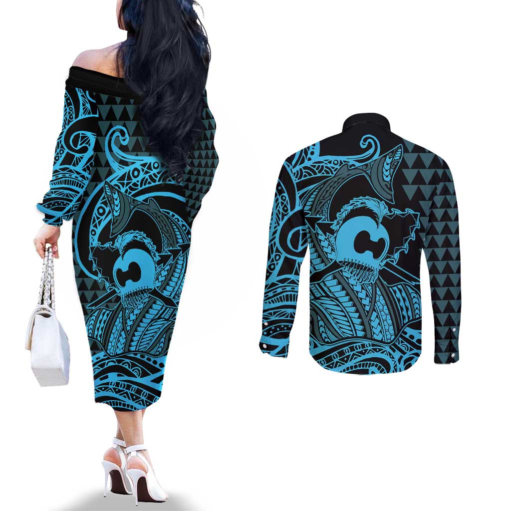 Koa Ikaika Warrior Helmet with Shark Couples Matching Off The Shoulder Long Sleeve Dress and Long Sleeve Button Shirt Blue Kakau Style LT9 - Polynesian Pride
