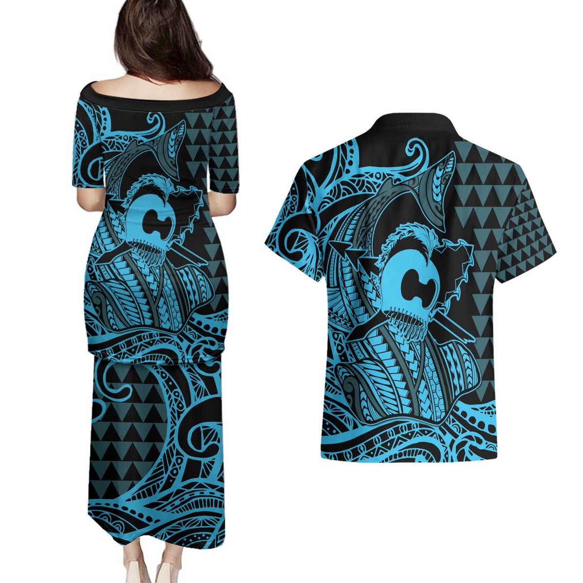Koa Ikaika Warrior Helmet with Shark Couples Matching Puletasi and Hawaiian Shirt Blue Kakau Style