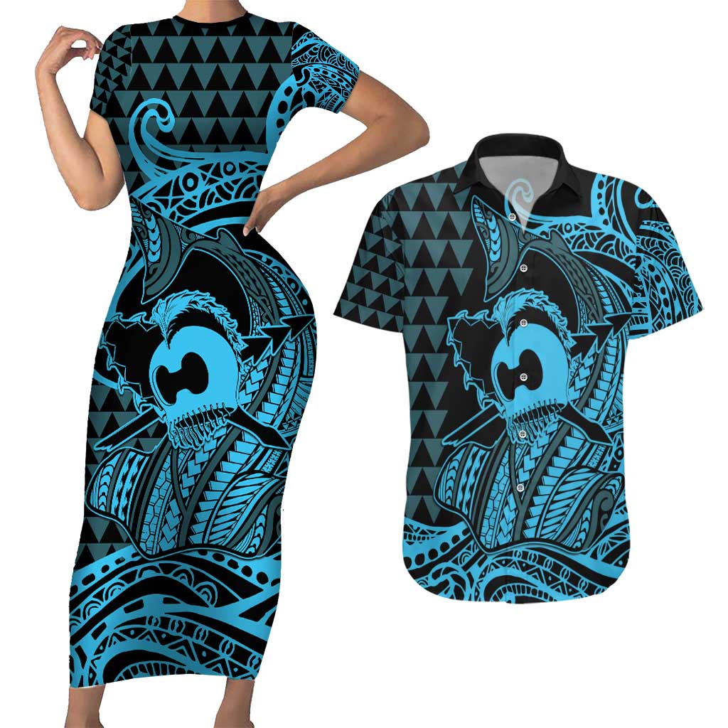 Koa Ikaika Warrior Helmet with Shark Couples Matching Short Sleeve Bodycon Dress and Hawaiian Shirt Blue Kakau Style LT9 Blue - Polynesian Pride