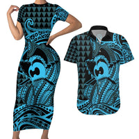 Koa Ikaika Warrior Helmet with Shark Couples Matching Short Sleeve Bodycon Dress and Hawaiian Shirt Blue Kakau Style LT9 Blue - Polynesian Pride
