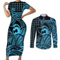 Koa Ikaika Warrior Helmet with Shark Couples Matching Short Sleeve Bodycon Dress and Long Sleeve Button Shirt Blue Kakau Style LT9 Blue - Polynesian Pride