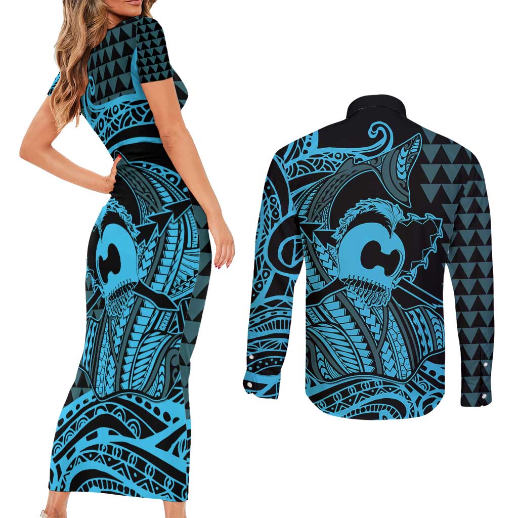 Koa Ikaika Warrior Helmet with Shark Couples Matching Short Sleeve Bodycon Dress and Long Sleeve Button Shirt Blue Kakau Style LT9 - Polynesian Pride
