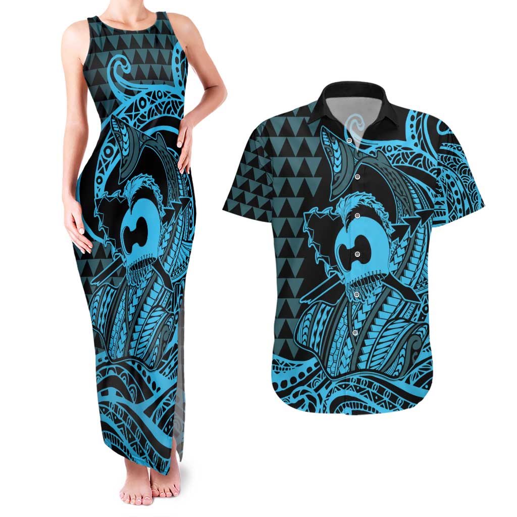 Koa Ikaika Warrior Helmet with Shark Couples Matching Tank Maxi Dress and Hawaiian Shirt Blue Kakau Style LT9 Blue - Polynesian Pride