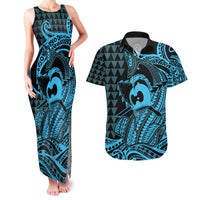 Koa Ikaika Warrior Helmet with Shark Couples Matching Tank Maxi Dress and Hawaiian Shirt Blue Kakau Style LT9 Blue - Polynesian Pride