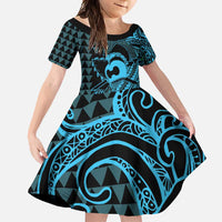Koa Ikaika Warrior Helmet with Shark Family Matching Long Sleeve Bodycon Dress and Hawaiian Shirt Blue Kakau Style LT9 Daughter's Dress Blue - Polynesian Pride